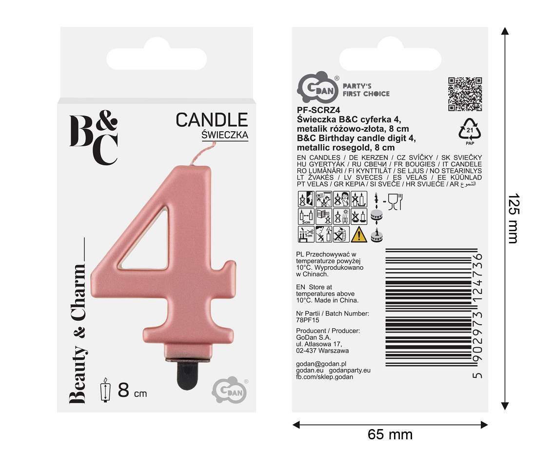 Birthday candle digit 4, metallic rosegold, 8 cm